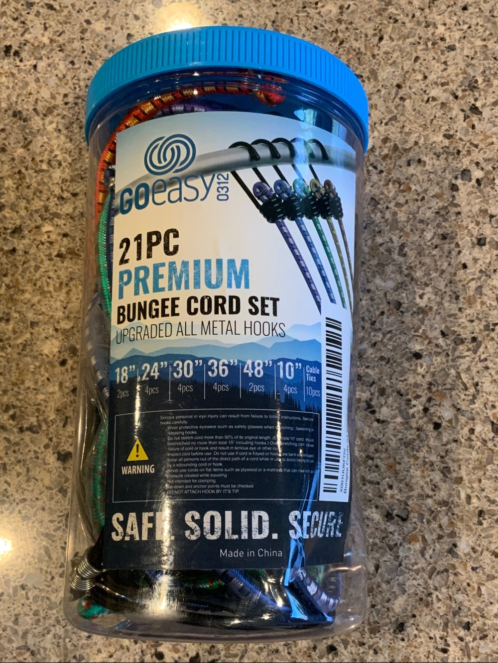21pc  Premium Bungee Cord Set In Plastic Jar with Blue Lid New